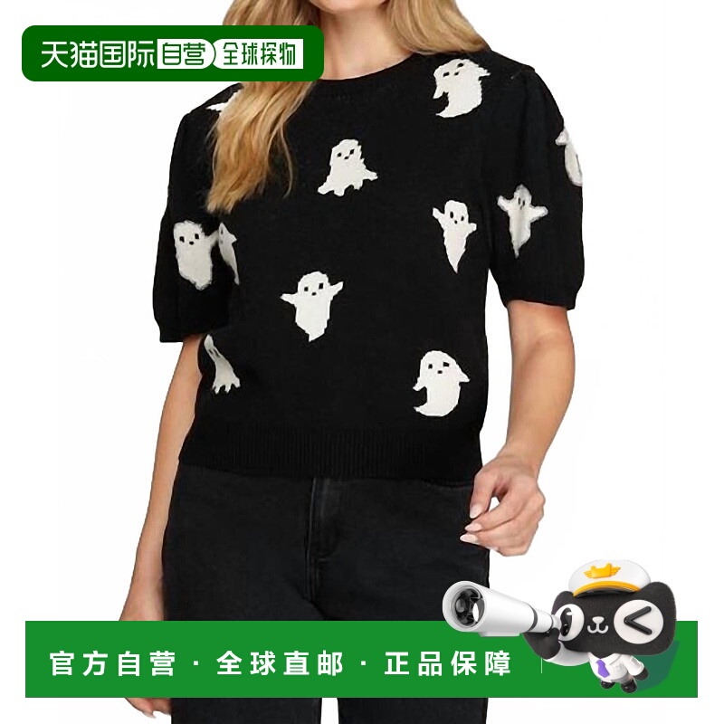 自营she + sky黑色泡泡袖万圣节幽灵图案毛衣 美国奥莱直发