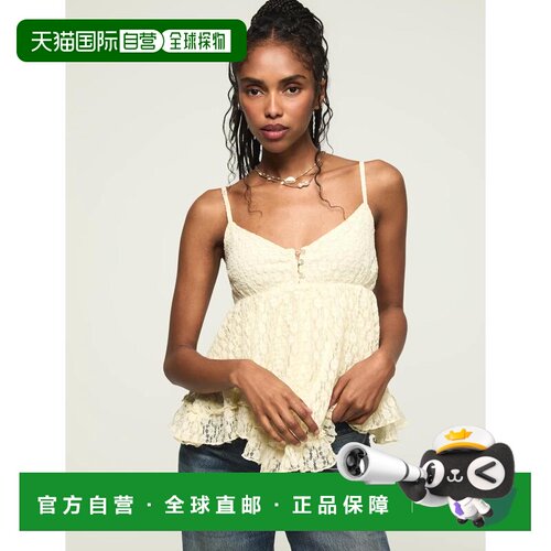 自营lucky brand幸运品牌女荷叶边娃娃Cami-中号浅黄色 美国奥莱