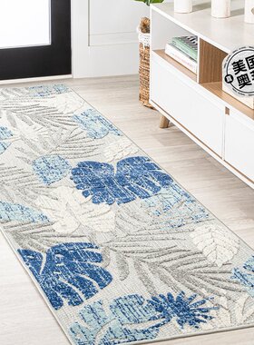 自营 jonathan y 龟背竹热带叶高低室内/室外浅灰色/海军跑步地毯
