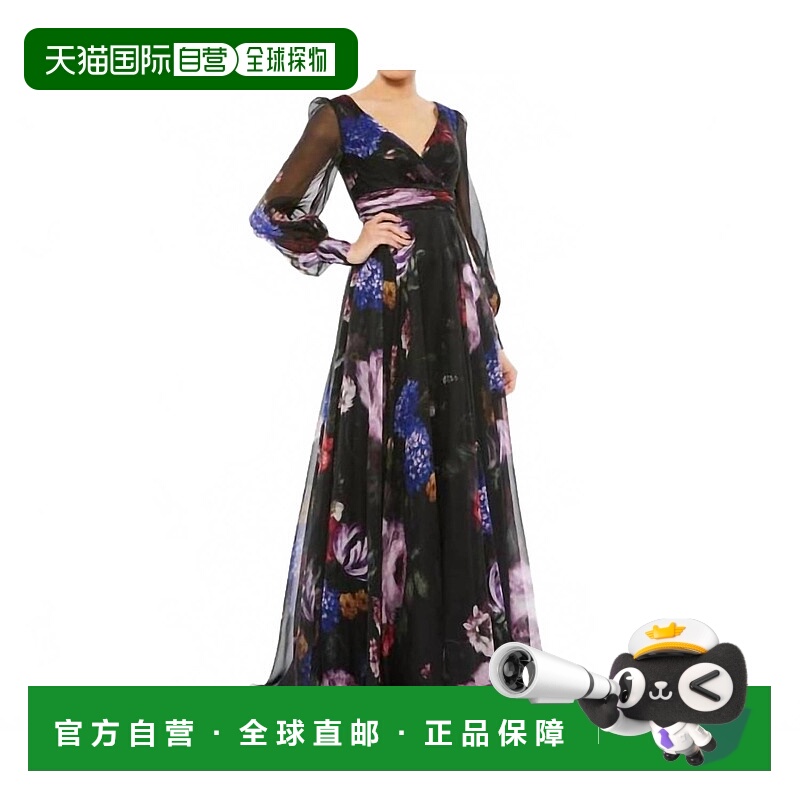 自营mac duggalChiffon Bishop Sleeve Floral Print Gown In Bla