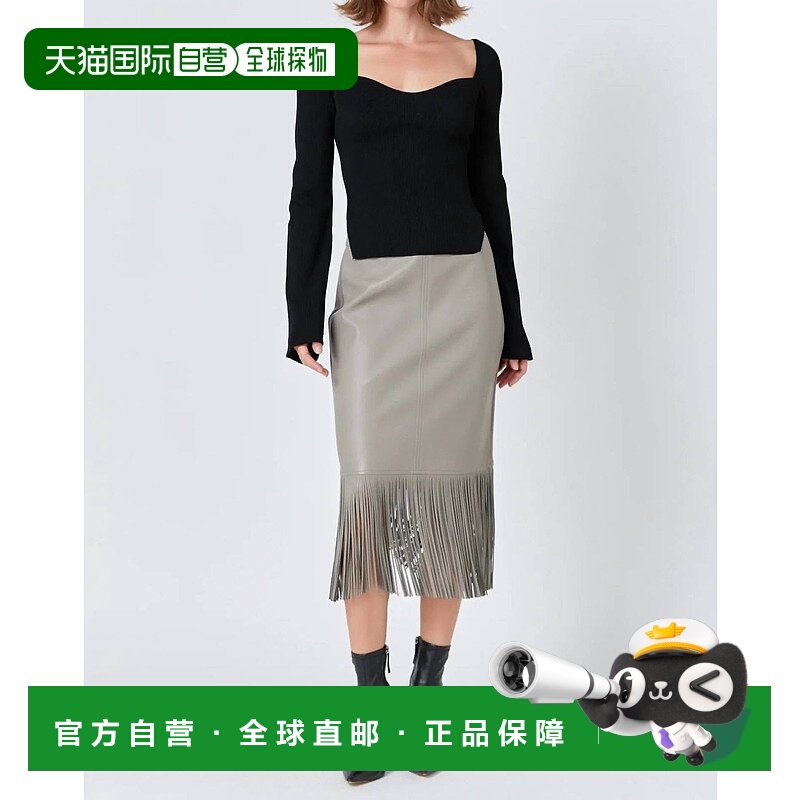 自营endless rose灰褐色镶边仿皮革迷笛裙 美国奥莱直发