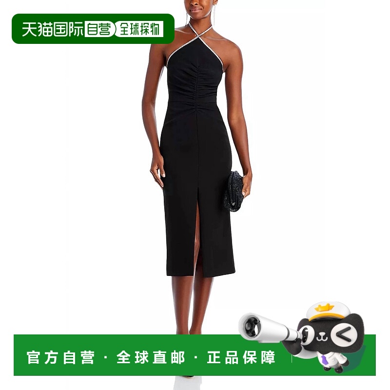 自营halston heritagePiper Midi Dress In Crystal Trim Black -