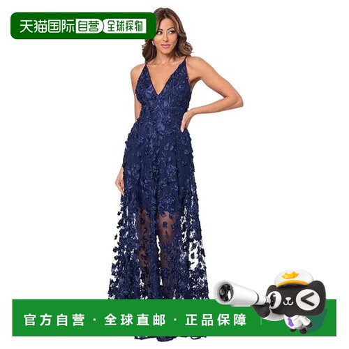 自营Xscape Dress Women's Navy Floral Soutache Mesh V-Neck Pa