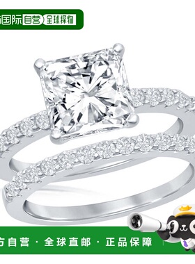 自营 simona 925 纯银公主方形切割半 CZ 带订婚戒指套装 银白色