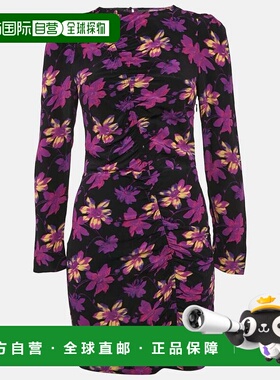 自营Maje Black Floral Ruched Long Sleeve Mini Dress - black