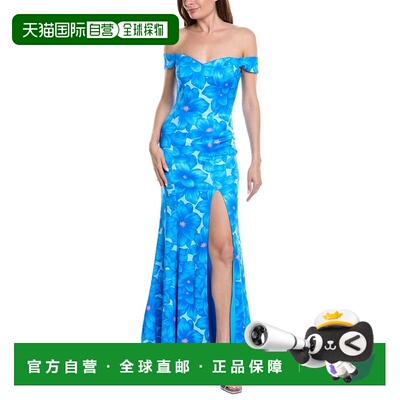 自营Rene Ruiz露肩折叠领口礼服-蓝色 美国奥莱直发