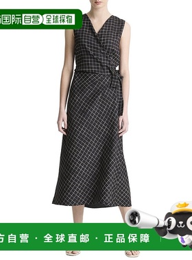 自营Vince Trellis Plaid Sleeveless Drape Wrap Dress - black