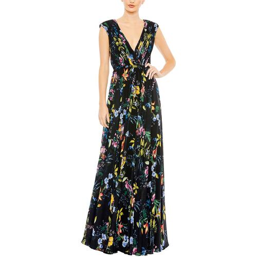 自营Mac Duggal Pleated Floral Cap Sleeve A Line Gown - black