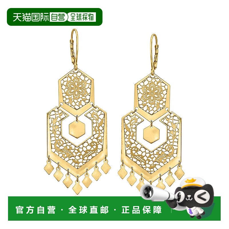 自营 Ross-Simons 意大利 14kt 黄金镂空花卉蕾丝吊灯耳环 - 黄色