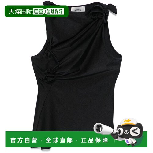 自营coperniSleeveless Black Satin Top With Floral Applique -