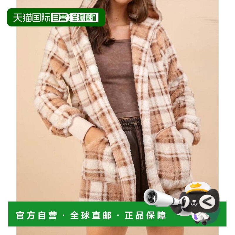 自营very j大号棕色人造毛皮束腰连帽夹克 - 棕色 美国奥莱直发