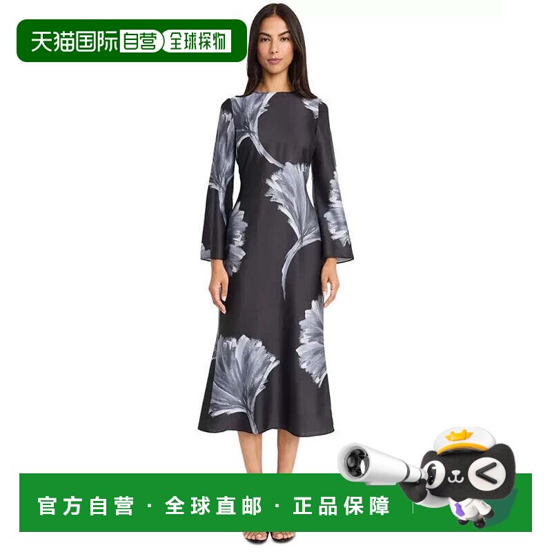 自营Donna Morgan Midi连衣裙女式黑灰色花朵印花镂空领带后背FTS