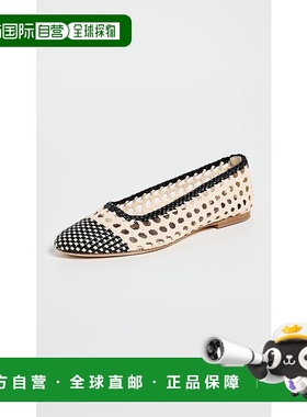 自营 STAUD 女士芭蕾平底鞋 Nell 钩针奶油黑色皮革鞋底鞋 - 白色