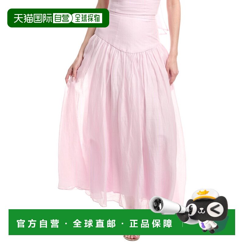 自营Bardot Amorette苎麻中长裙-粉红色 美国奥莱直发半身裙a字裙
