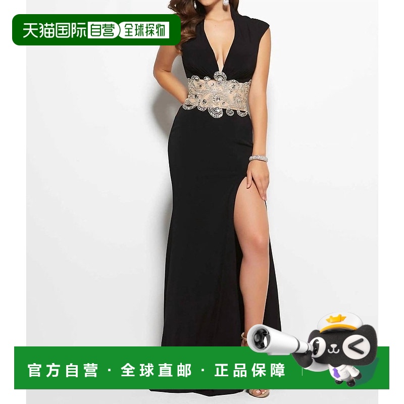 自营 mac duggal黑色盖袖深 V 领舞会礼服 - 黑色 美国奥莱直发