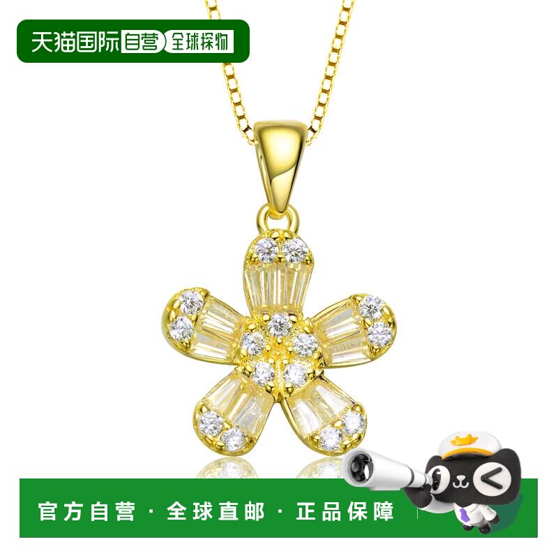 自营genevive儿童纯银镀金透明长方形立方氧化锆花朵风格吊坠项链