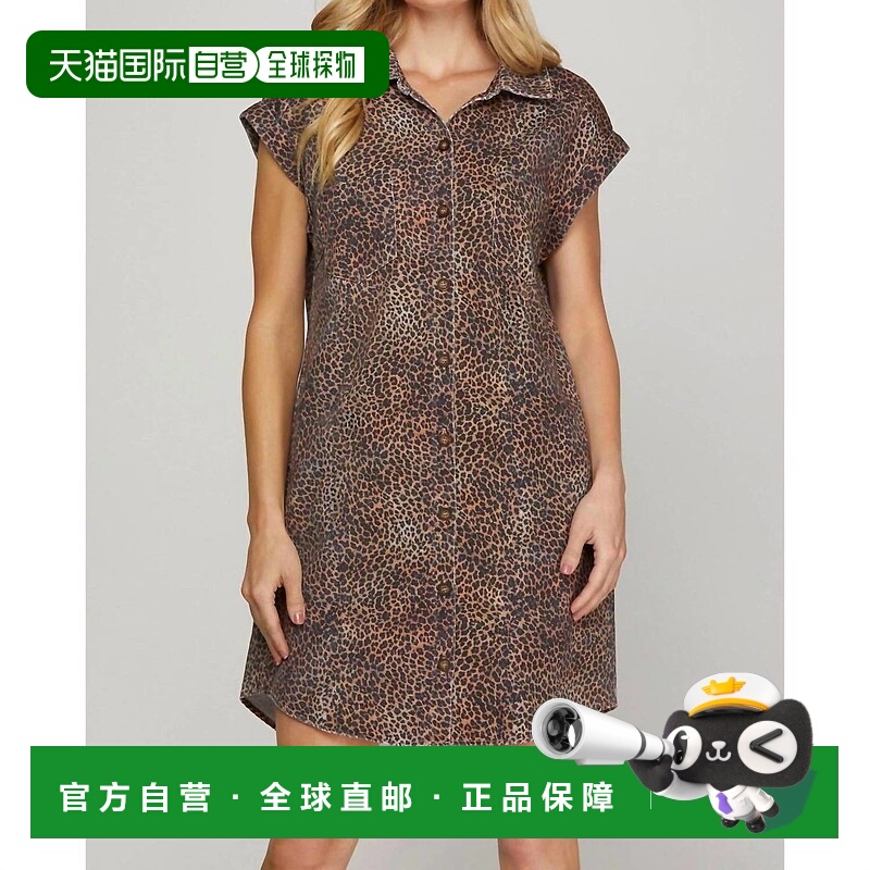 自营she + sky短袖豹纹斜纹水洗衬衫连衣裙，多口袋设计 美国奥莱
