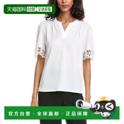 自营Anne Klein Flutter袖子蕾丝装饰上衣-白色 美国奥莱直发