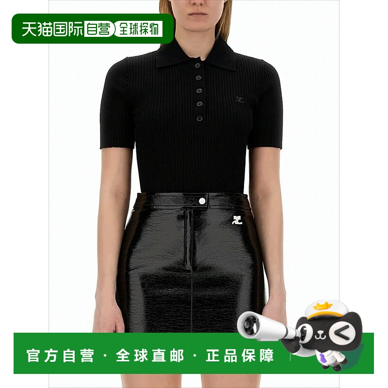 自营courreges罗纹短袖马球衫，带扣式门襟-黑色 美国奥莱直发