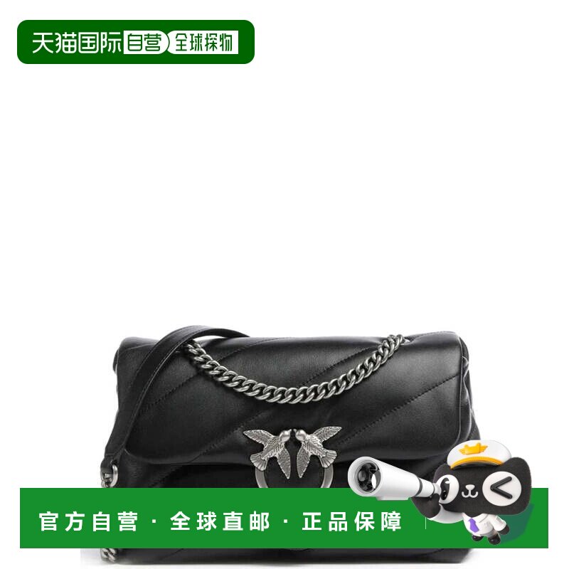 自营pinko绗缝牛皮斜挎包，搭配银色搭扣和链带-黑色 美国奥莱直