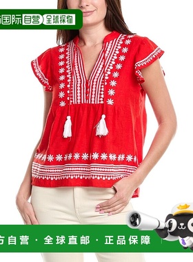 自营 sail to sable水手至紫貂褶边前亚麻混纺上衣-红色 美国奥莱