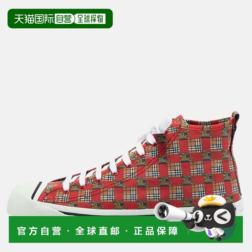 自营Burberry Red Check Fabric Kingly High Top Sneakers - red