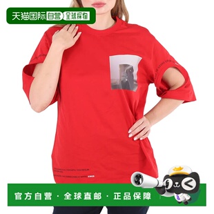 自营 Burberry Carrick女士亮红色镂空细节蒙太奇印花大T恤-亮红