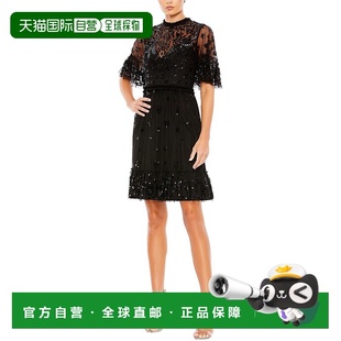 美国奥莱直发 黑色 自营Mac Duggal高领迷你连衣裙