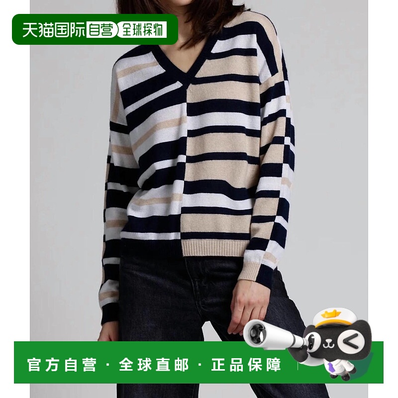 自营minnie roseMix Stripe V-Neck Sweater In Navy Combo - nav