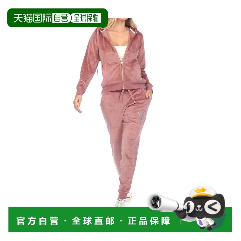 自营white markRhinestone 2 Piece Velour Tracksuit Set In Pin