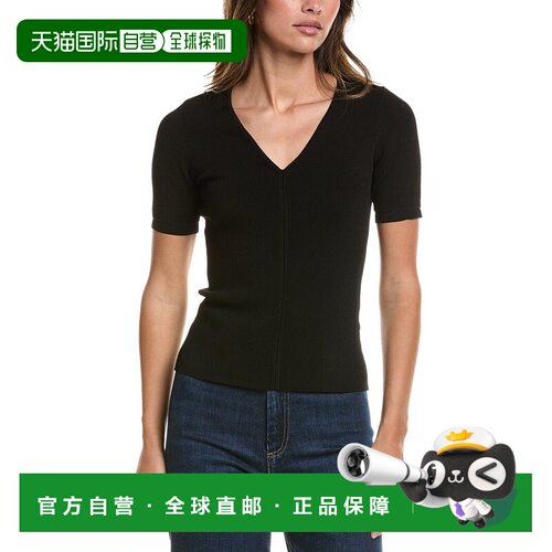 自营3.1 Phillip Lim紧凑罗纹短袖v领上衣-黑色 美国奥莱直发女装