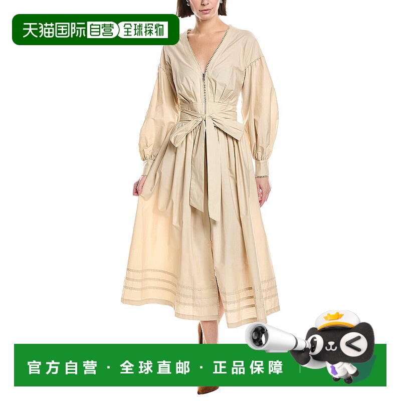 自营Marchesa Notte Poplin V-Neck Midi Dress - brown 美国奥莱