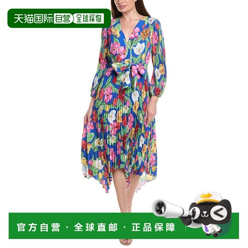 自营Milly Liora郁金香玫瑰花环褶中长款连衣裙-蓝色 美国奥莱直