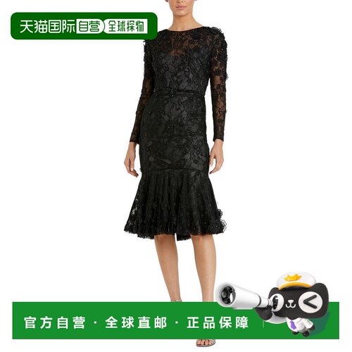 自营Mac Duggal花卉贴花长袖鸡尾酒礼服-黑色 美国奥莱直发连衣裙