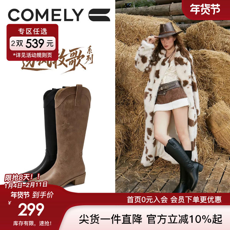 康莉V口复古长筒靴2025年冬季新款粗跟尖头显瘦西部牛仔靴骑士靴,女鞋,西部靴,淘宝优惠券,粉丝福利购,淘宝优惠卷