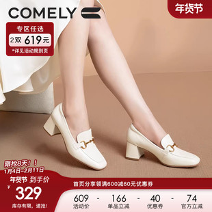 康莉乐福鞋女粗跟秋季新款真皮圆头舒适通勤单鞋高跟小皮鞋