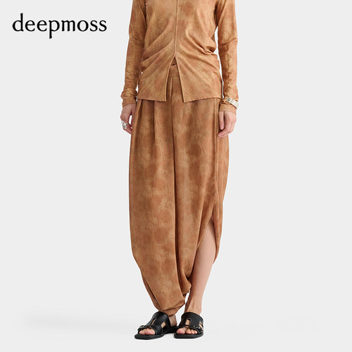 deepmoss陶棕印花围裹式仿麻裙裤