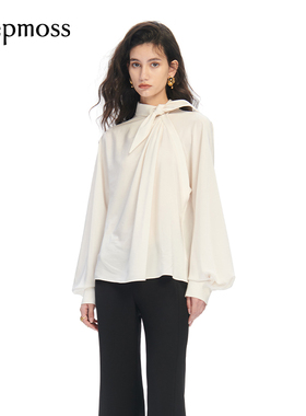 【deepmoss】休闲时尚复古潮流丝巾结垂坠古典长袖衬衫上衣女