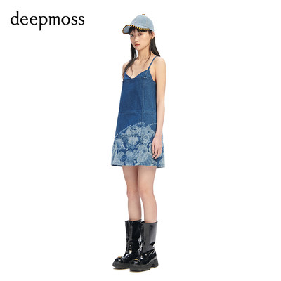 deepmoss牛仔拼接吊带裙