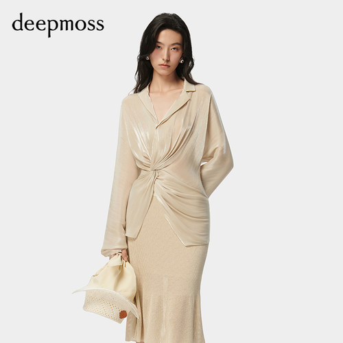 deepmoss缎感水泽扭褶连肩袖上衣