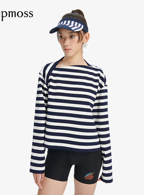 【deepmoss】女装时尚复古潮流小开口一字领条纹错落拼接长袖上衣