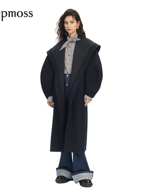 【SALE】【deepmoss】女士茧型连袖翻领造型长款毛呢大衣外套