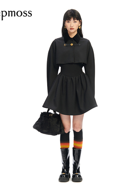 【deepmoss】设计感女装时尚复古潮流曜石黑两件式夹克收腰连衣裙