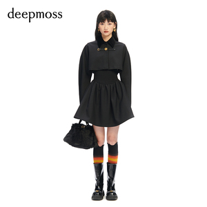 【deepmoss】设计感女装时尚复古潮流曜石黑两件式夹克收腰连衣裙