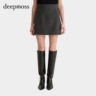 【deepmoss】2025秋冬女士设计感时尚深灰色斜襟搭袢毛呢短裙