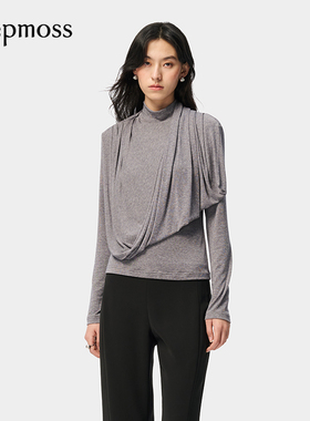 【deepmoss】优雅复古潮流女装时尚休闲气质环肩荡褶高领修身上衣