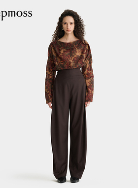 【deepmoss】2025秋冬新款女士高腰微弧羊毛混纺阔腿裤长裤