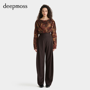 【deepmoss】2025秋冬女士高腰微弧羊毛混纺阔腿裤长裤