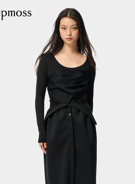 【deepmoss】优雅复古淡人女装时尚休闲气质不规则褶皱显瘦打底衫