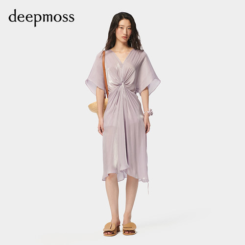 deepmoss缎感水泽扭褶收腰连衣裙